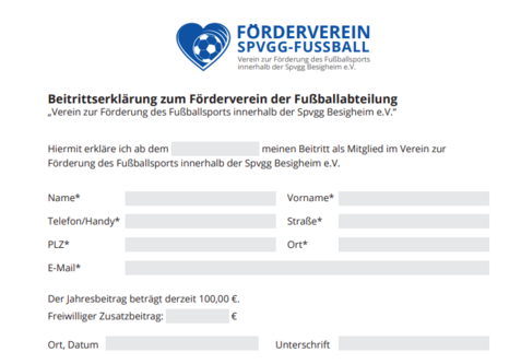 Beitrittserklärung für den Förderverein der Fußballabteilung mit Platz für persönliche Angaben und Unterschrift.
