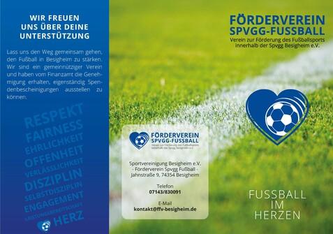 Broschüre des Fördervereins Spvgg Fußball mit Vereinsinformationen, Motto und Rasenhintergrund.
