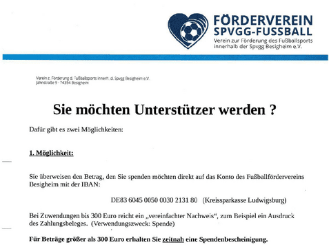Spendenaufruf des Fördervereins Spvgg Besigheim mit Bankdaten und Mitgliedschaftsoptionen.