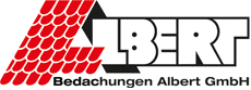 Logo der Bedachungen Albert GmbH mit rotem Schindeldesign und schwarzer Schrift auf weißem Hintergrund.