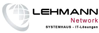 Logo der Firma Lehmann Network mit dem Slogan „SYSTEMHAUS - IT-Lösungen“ und einer stilisierten Erdkugel.