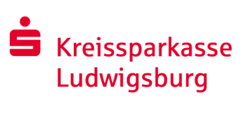 Logo der Kreissparkasse Ludwigsburg mit rotem Schriftzug und grafischem Element in der linken oberen Ecke.