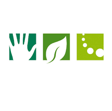 Drei Symbole: eine Hand, ein Blatt und grüne Punkte in quadratischen Feldern.