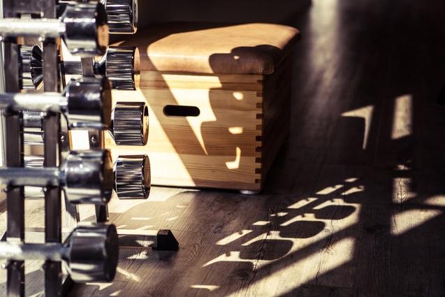 Nahaufnahme eines Hantelständers mit mehreren Kurzhanteln und einer Kommode mit brauner Polsterung.