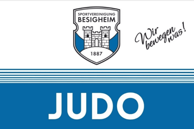Logo der Sportvereinigung Besigheim mit Schriftzug "JUDO" und Slogan "Wir bewegen was!" auf blauem Hintergrund.
