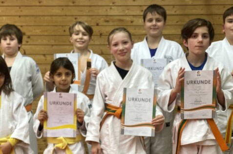 Gruppe von Kindern in Karateanz&uuml;gen, die stolz ihre Urkunden in den H&auml;nden halten, vor einer Holzwand.