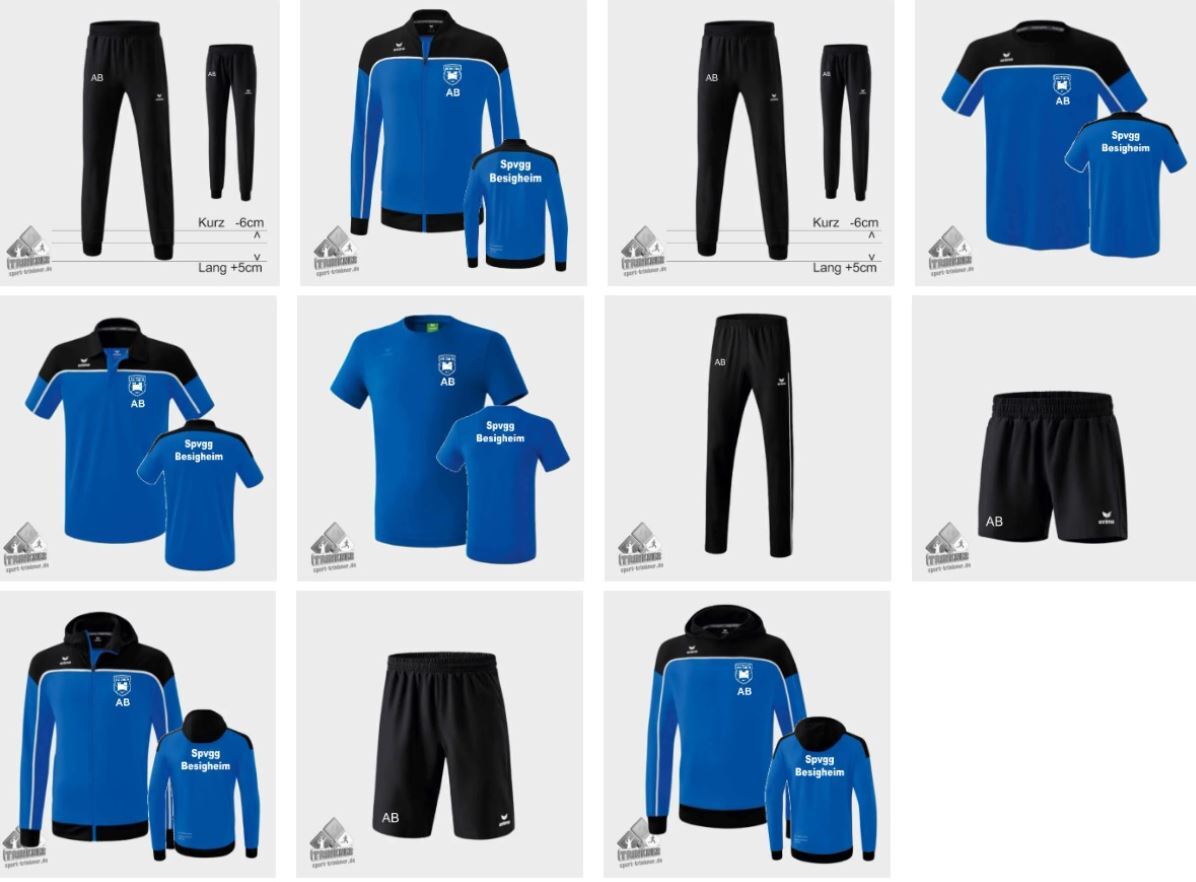 Kombination aus Sportbekleidung in Blau und Schwarz, einschließlich Shirts, Hosen und Jacken mit Logo.