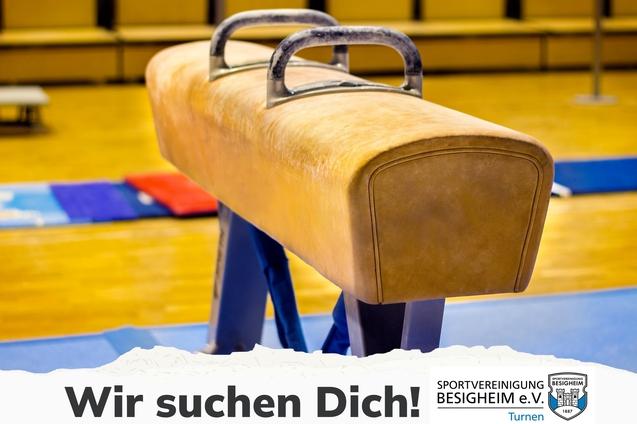Nahaufnahme eines Turngeräts auf einem gymnasialen Boden mit Bewerbungsaufruf für einen Trainer im Gerätturnen.