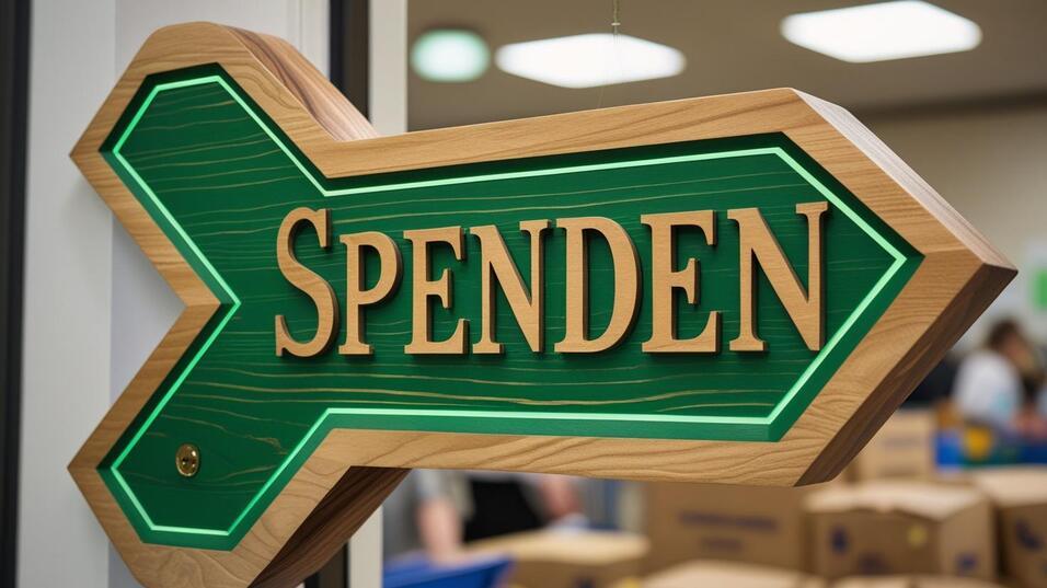 Grüne Holztafel in Pfeilform mit eingekerbtem Wort „SPENDEN“ für einen Spendenbereich.