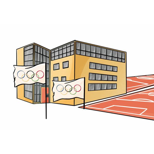 Illustration eines modernen Gebäudes mit Olympiageländern und einem Sportplatz im Vordergrund.