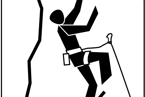 Minimalistische schwarze Silhouette einer Person beim Klettern an einer Felswand, gesichert mit Seil und Klettergurt, auf weißem Hintergrund.