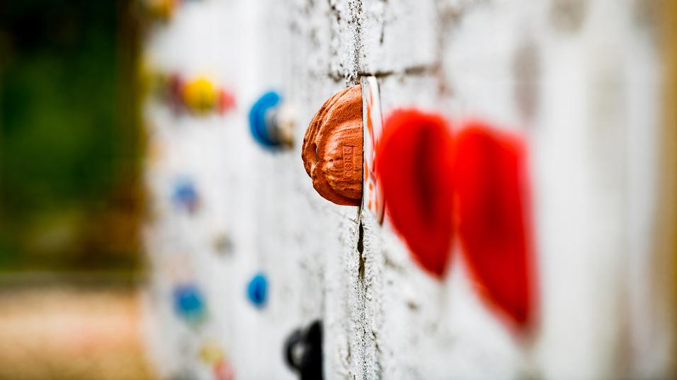 Nahaufnahme eines Felsgriffs mit einer braunen Griffübung und bunten Klettergriffen im Hintergrund.